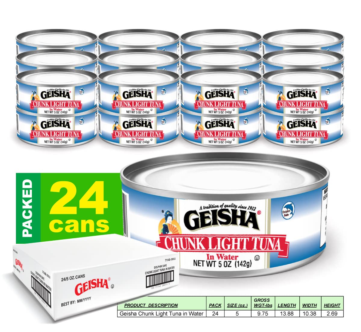 GEISHA Chunk Light Tuna In Water 5oz(Pack of 24), Canned Skipjack Tuna | No Trans Fat - No Sugar Added – Kosher Certified – Gluten Free – Omega 3 – Good Source of Protein