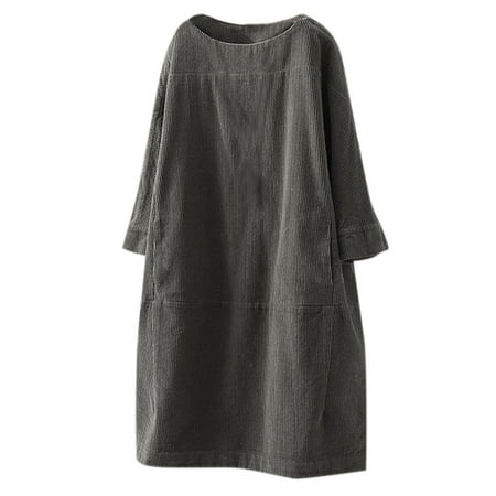 

Floleo Women s Dress Clearance Summer Vintage Pockets Corduroy Solid Color Long Sleeve Loose Casual