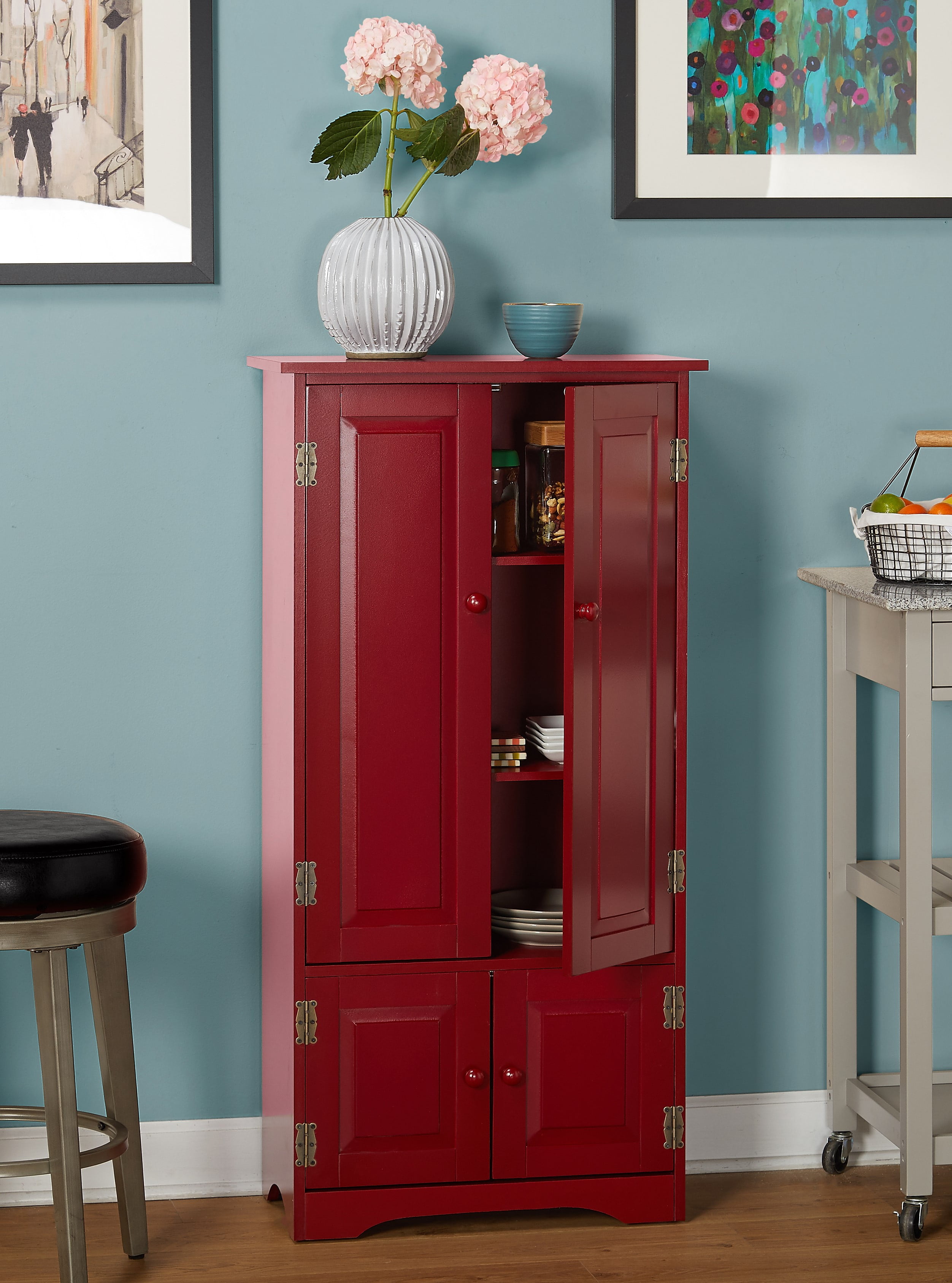 TMS Contemporary Four Door Vertical Wall Cabinet with Shelves, Red