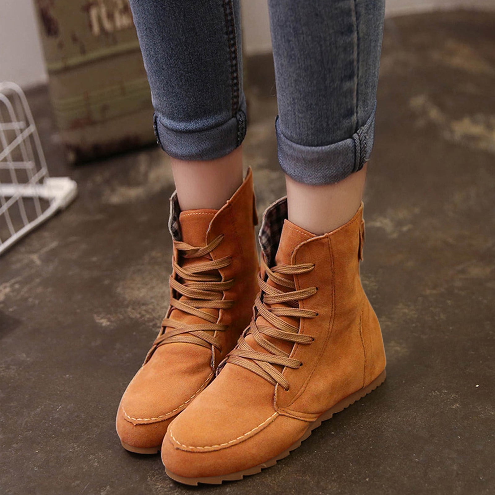 Fashion Women's Lace Up Round Toe Lace Up Suede Leather Motorcycle Ankle Boots 