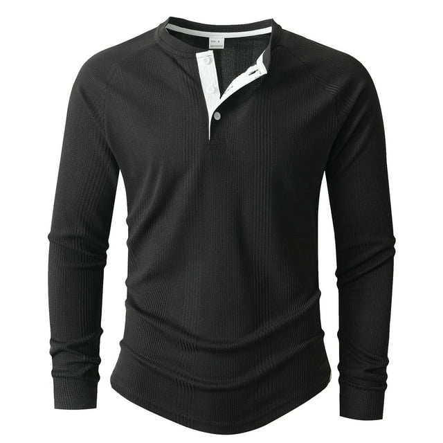 Yaoyar Mens Long Sleeve Button Tee Shirts Cotton Crew Neck Soft Casual Basic T-Shirts Solid Color Undershirt Shirt