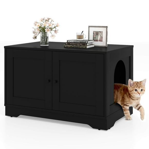 Costway Cat Litter Box Enclosure Furniture with Double Doors Divider Side Entry for Cats Black