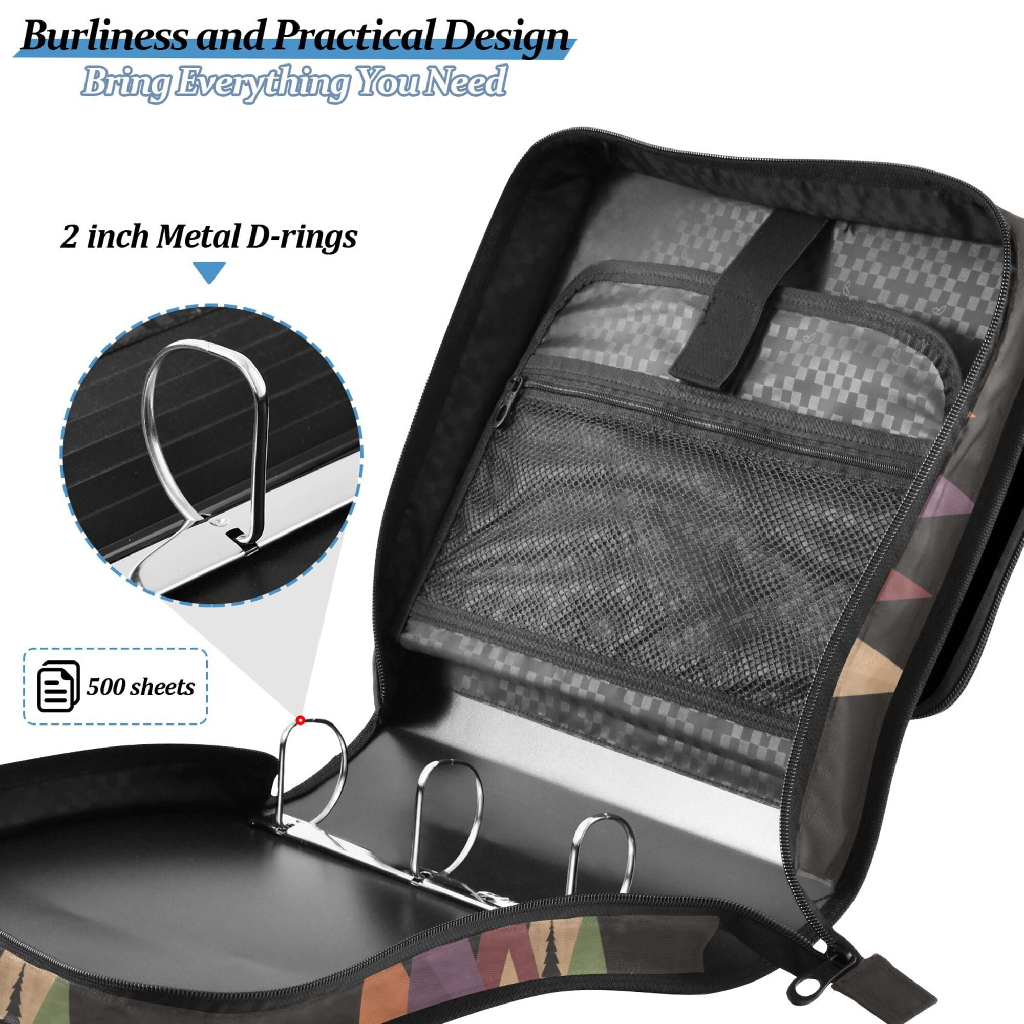 FORMRS Zipper Binder with Shoulder Strap 2-inch Ring 500 Sheet Capacity File Bag, Abstract Mountain