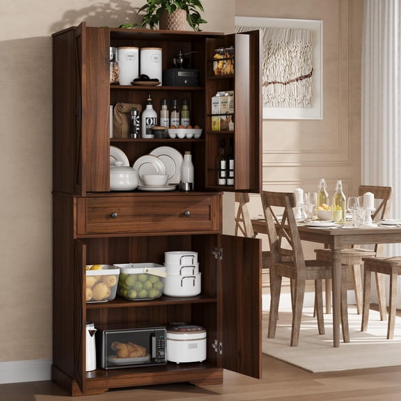 Modern Tall Pantry Cabinet with 4 Doors, Drawer, and Adjustable Shelves for Kitchen, Dining Room, Living Room, Bathroom, Laundry
