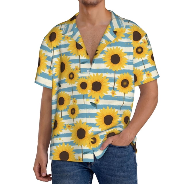 Balery Blue White Striped Sunflower A Camisa Casual de Manga Corta con Botones para Hombre, Texturizada, Estilo Cubano, para Playa, Verano-Small