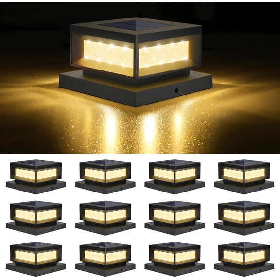 12 Pack Solar Powered Post Cap Lights Outdoor for 4x4/6x6 Wood/Vinyl Posts, Waterproof Deck Fence Patio Porch Light Cool/Warm Lighting, Black