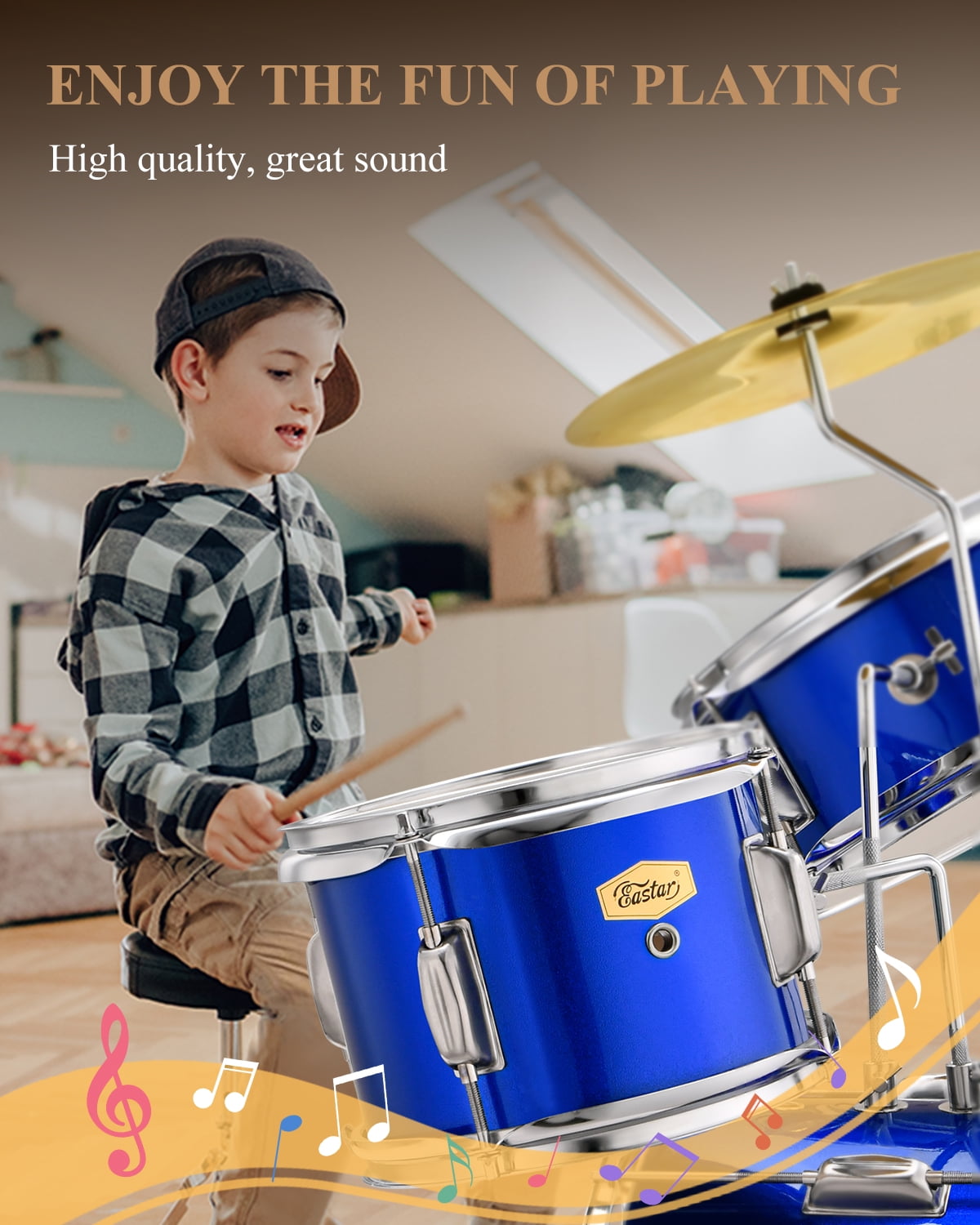 Eastar Kids Drum Set for Gift 14" 3-Piece Drums Kits with Bass Tom Snare, Adjustable Throne, Cymbal, Pedal, Drumsticks, Mirror Blue