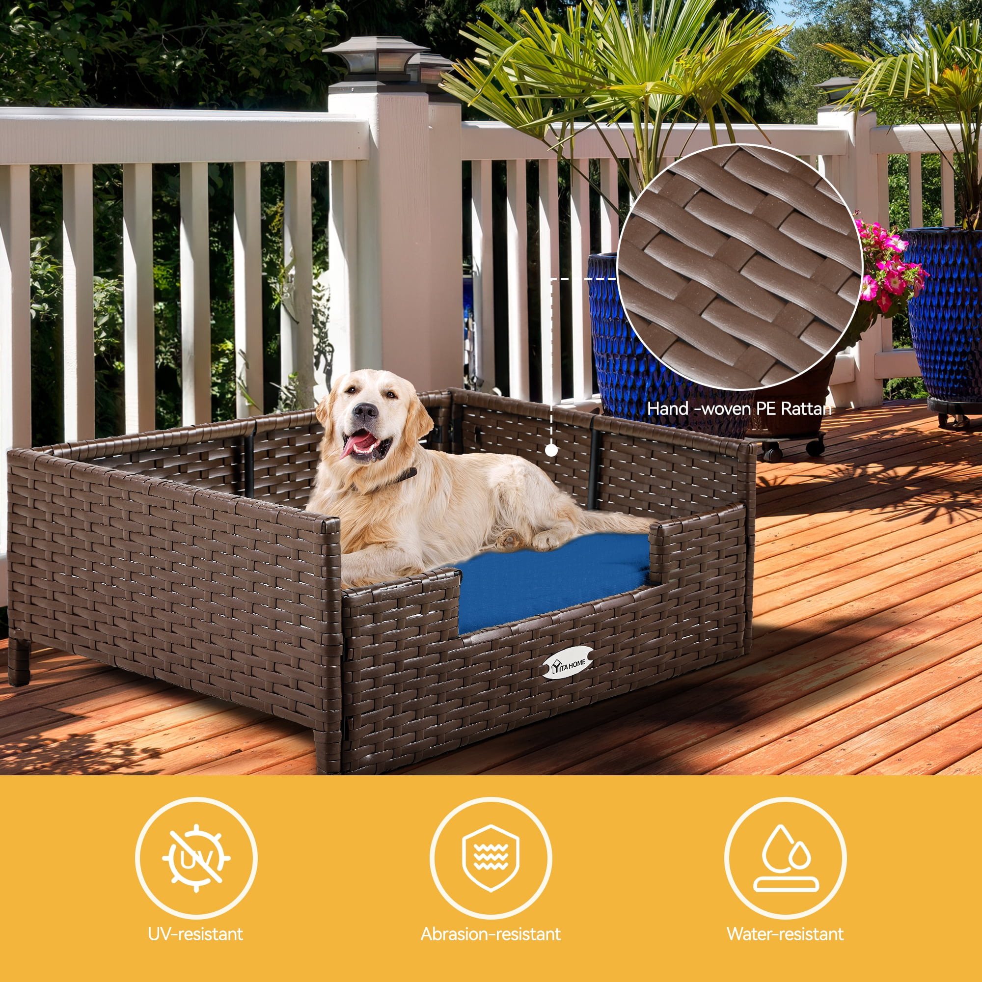 Dextrus Rattan Dog Bed with Blue Cushion, Indoor Outdoor Pet Bed for Small Medium Dogs and Cats,34.6''Lx23.6''Wx11.8''H,Brown