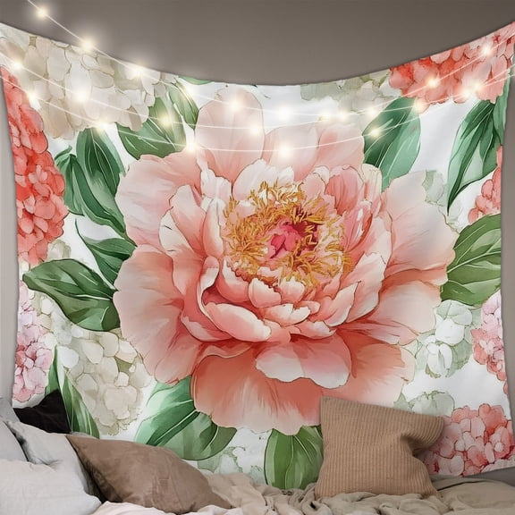 Pink Peony Blossom Tapestry for Bedroom Wall Hanging Tapestry, Spring Botanical Floral Watercolor Ceiling Backdrop Tapestries Poster Blanket Wall Decor for Teens Room Living Room Dorm 51" x 59"