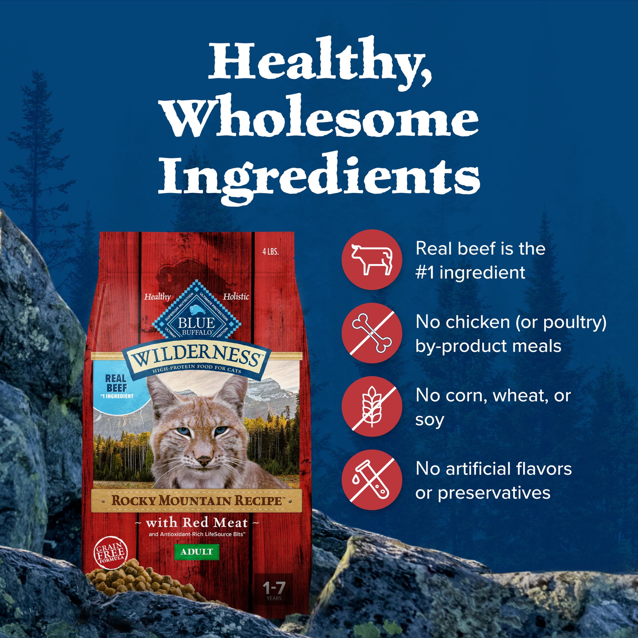 Blue Buffalo Wilderness Natural Dry Cat Food, Rocky Mountain Recipe, Red Meat, 4-lb. Bag