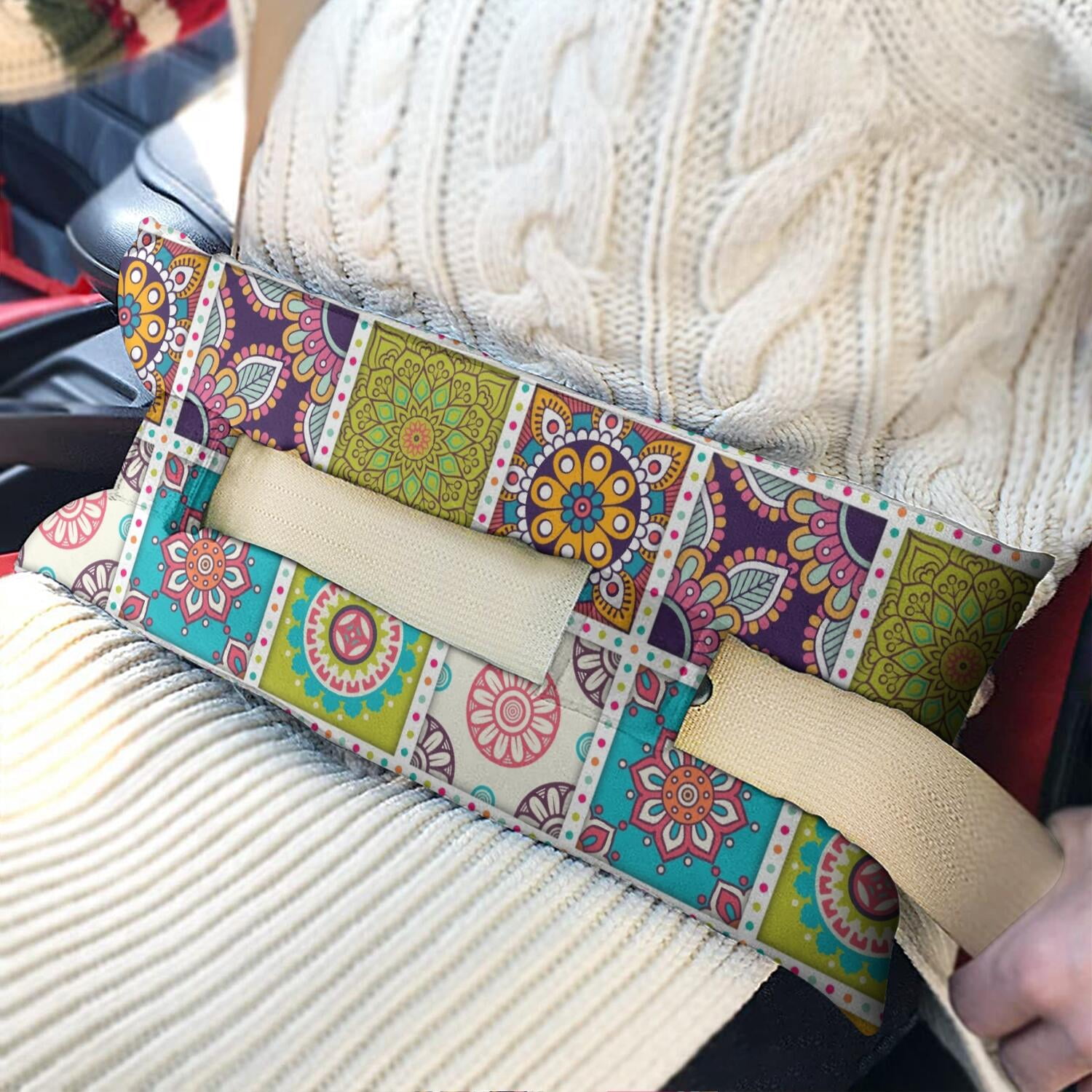 Boho Floral Post Surgery Seatbelt Pillow - Soft Mastectomy Car Cushion for Women, Tribal Folk Style Chest Protector After Heart Surgery, Vintage Retro Pressure Relief Pad