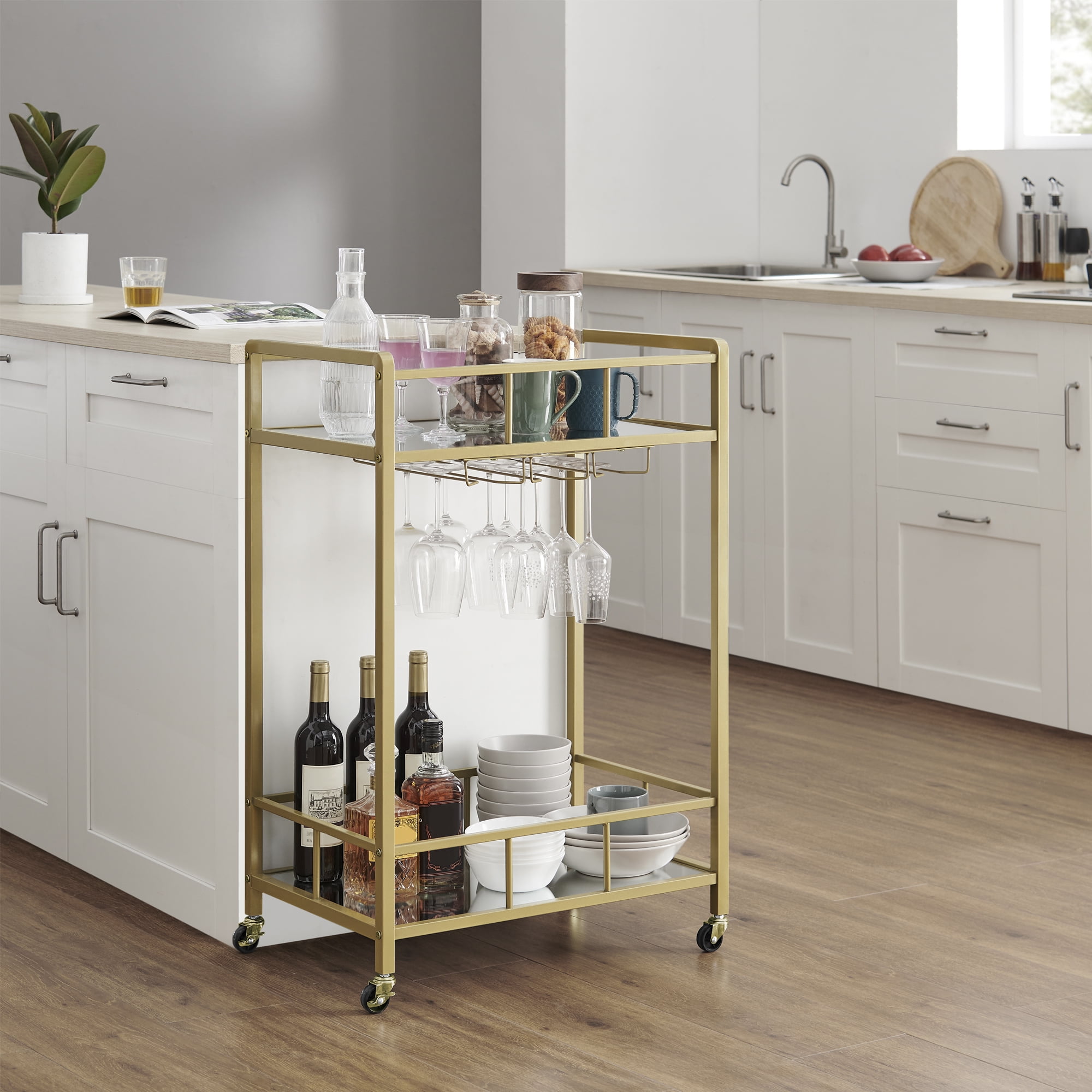 Ohsuaniy Bar Cart Gold, Round Circle Wine Cart 2 Mirror Shelves, Modern Rolling Gold Glass Drink Cart on Wheels, 2-Tier Deluxe Serving Cart for