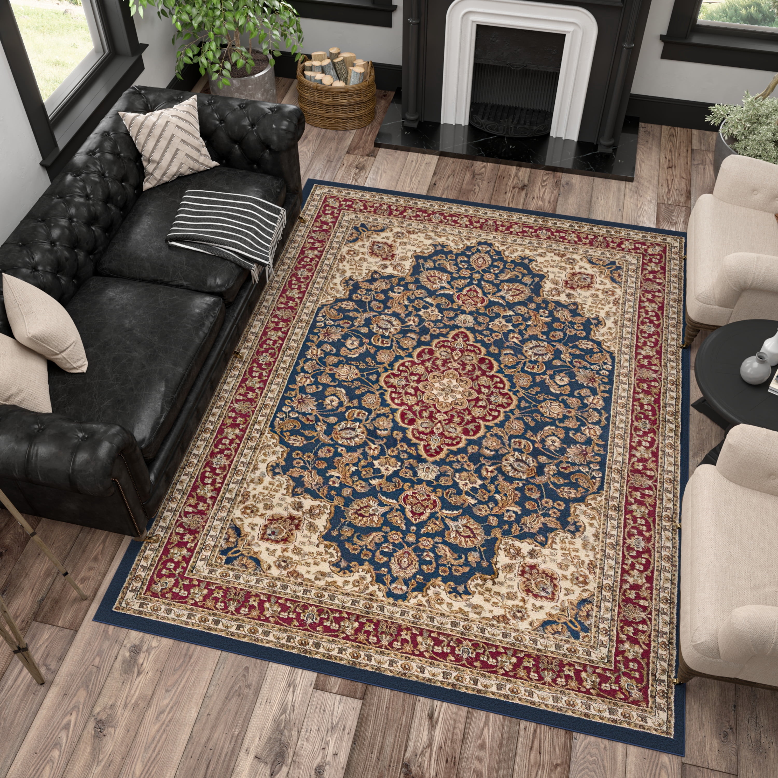 Sensation Transitional 9' x 12' Navy and Beige Polypropylene Indoor Area Rug