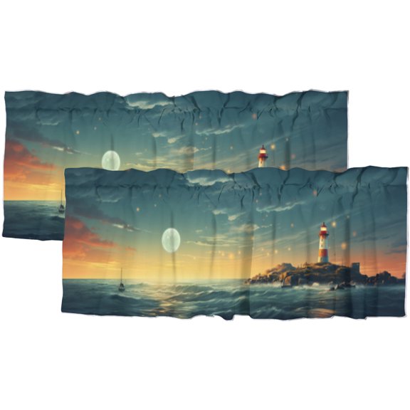 Vintage Coastal Lighthouse Window Curtain Valances Blue Ocean Beach Nautical Sailboat Window Valance for Living Room Bedroom, Kitchen Valance Rod Pocket Window Curtain 54 by 18 in, 2 Panel