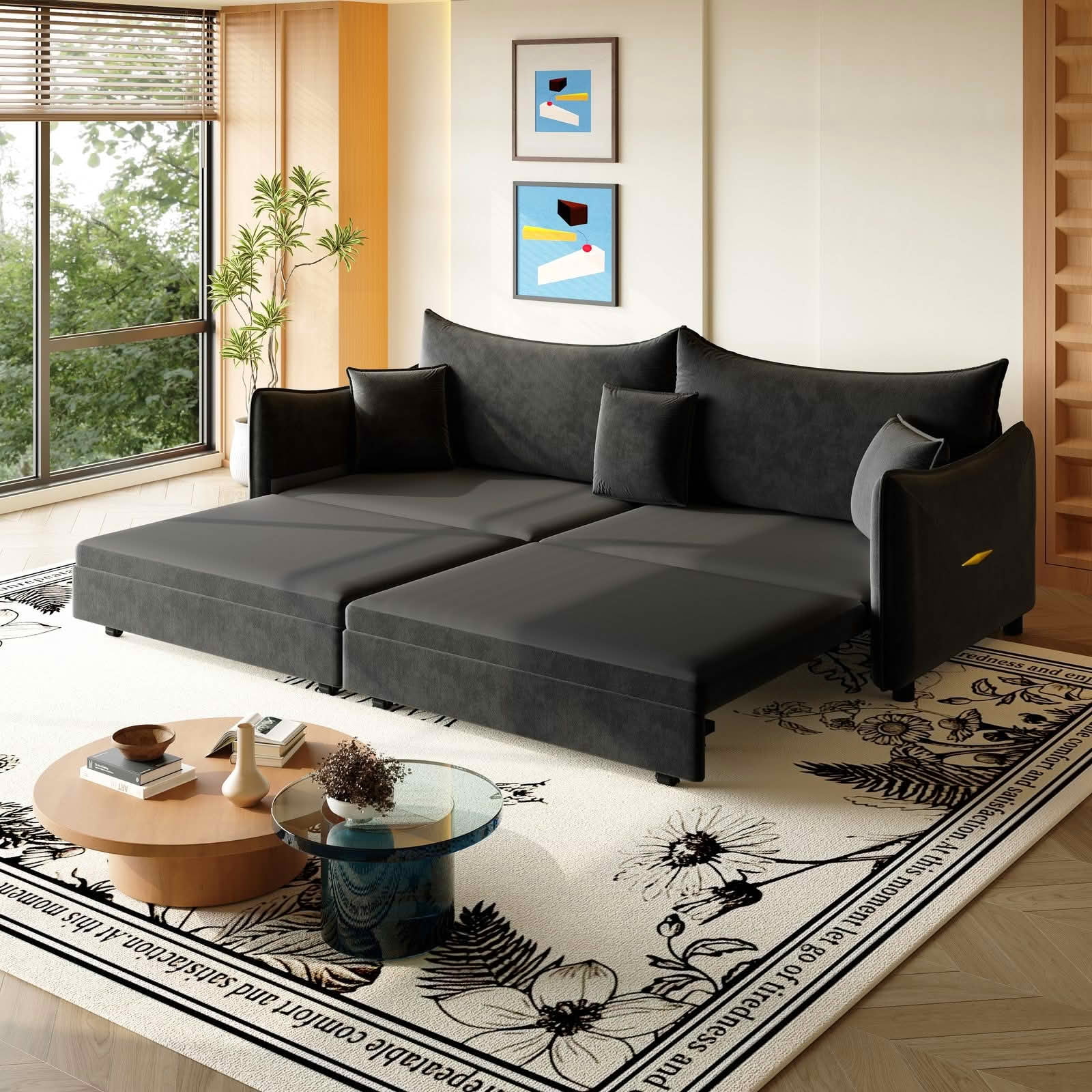 MAYEERTY 81.9" King Pull‑Out Velvet Sofa Bed, 3‑in‑1 Convertible 3‑Seater Couch with Golden Accent, 3 Pillows Included for Small Space & Living Room