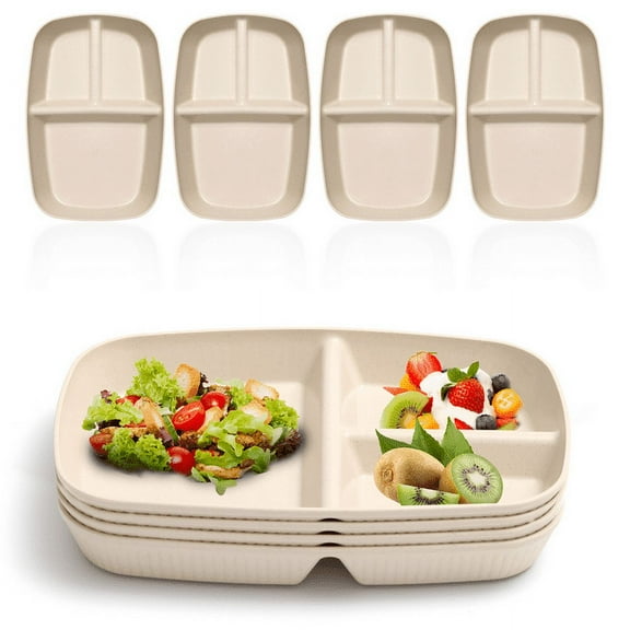 YUESHENGHAO Adult Divider Plate (10.6 inches) Unbreakable Wheat Weight Control Plate (3 compartments) Weight Loss Plate, Reusable Divider Lunch Plate BPA free, Dishwasher and Microwave Safe (Beige)