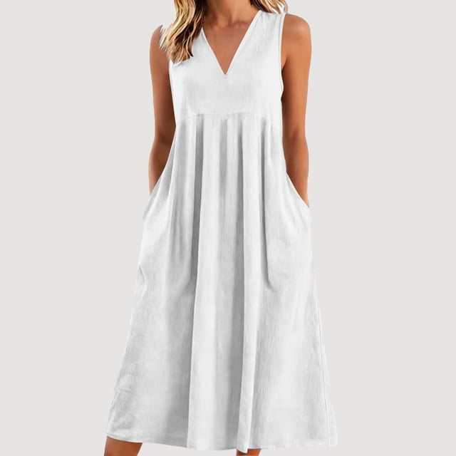 TaTaai Women's V-Neck Maxi Dress Sleeveless Linen Feel Solid Color Casual Pocket Detail Crinkle Texture Loose Fit Summer Gift