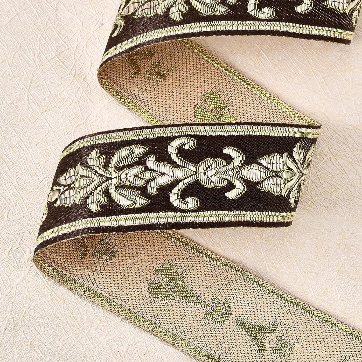 Brown 27 Yard 1.18 Inch Vintage Jacquard Ribbon Coconut Brown Emobridered Woven Trim Gold Floral Webbing Ribbon for DIY Clothing Accessories Embellishment Decorations