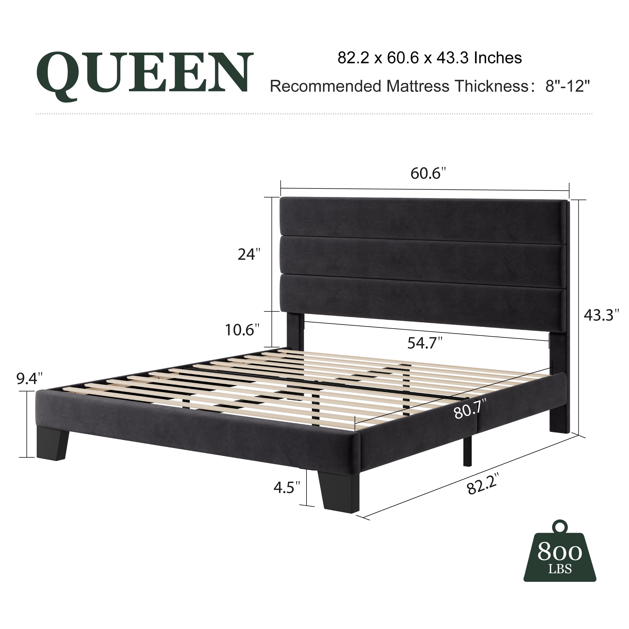 Amolife Queen Bed Frame, Platform Bed Frame with Velvet Upholstered Headboard, Black