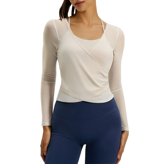 ZHYou Womens Mesh Panel Long Sleeve Fitness Tops,Breathable,Wrap Design,Sport Shirt,Moisture Wicking Active Tees,Beige,Size L