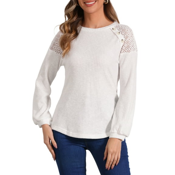 DARING DIVA Women's Chic Lace-Trimmed Crew Neck Knit Sweater Tops XS White