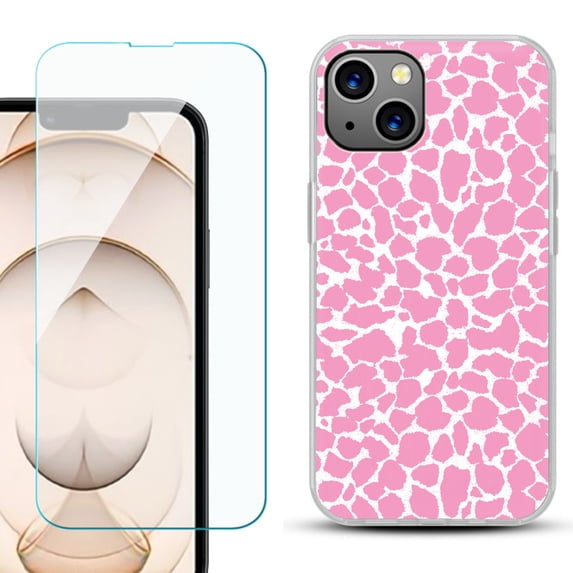 Slim-Fit Flexible TPU Gel Phone Case for iPhone 13, with Tempered Glass Screen Protector, by OneToughShield ® - Giraffe/Pink