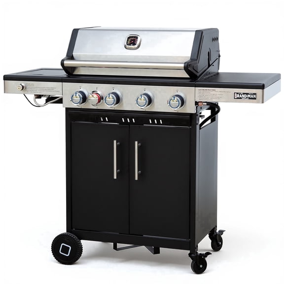 Brand-Man Grills 4-Burner Propane Gas Grill with Infrared Side Burner, Porcelain-Enameled Cast Iron Grate & Griddle, Outdoor Backyard BBQ Grill