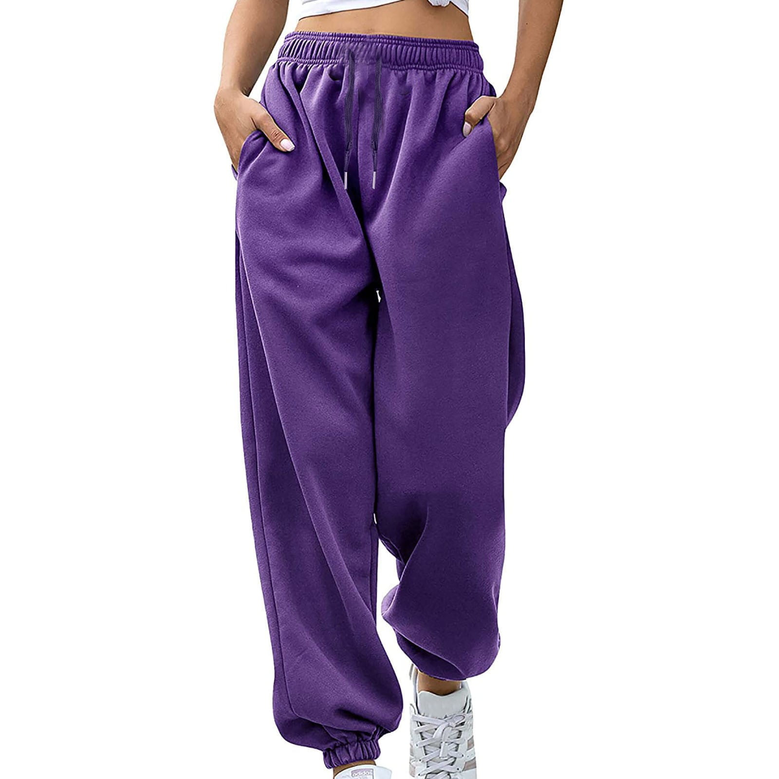 Efsteb Women Sweatpants Casual Comfort Fashion Baggy Pants Solid Elastic  Waist Trousers Long Straight Pants Purple XXL