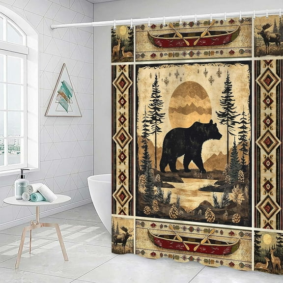 Rustic Cabin Shower Curtain for Bathroom, Farmhouse Lake Lodge Woodland Moose Bear Patchwork Woven Bath Curtains, Funny Deer Wildlife Country Hunting Camping Bathtub Accessories Set with Hooks 47X64IN