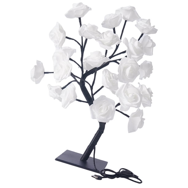 Lámpara de escritorio con 24 luces LED de rosas y flores, USB, luces nocturnas de hadas Bonsai para fiestas Rosa blanca