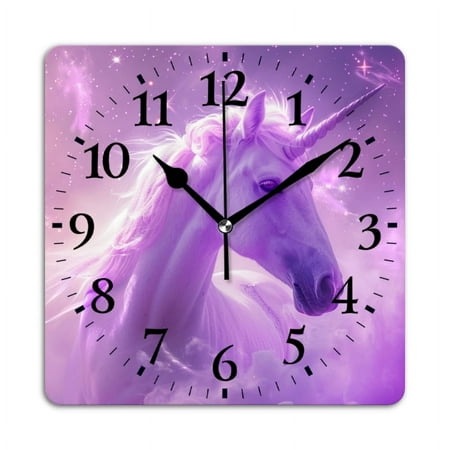 Square Wall Clock,Beautiful Unicorn In Purple Fantasy Sky,Silent Non-Ticking Wall Clock Decor for Home Office Kitchen Living Room Bedroom(10inch)