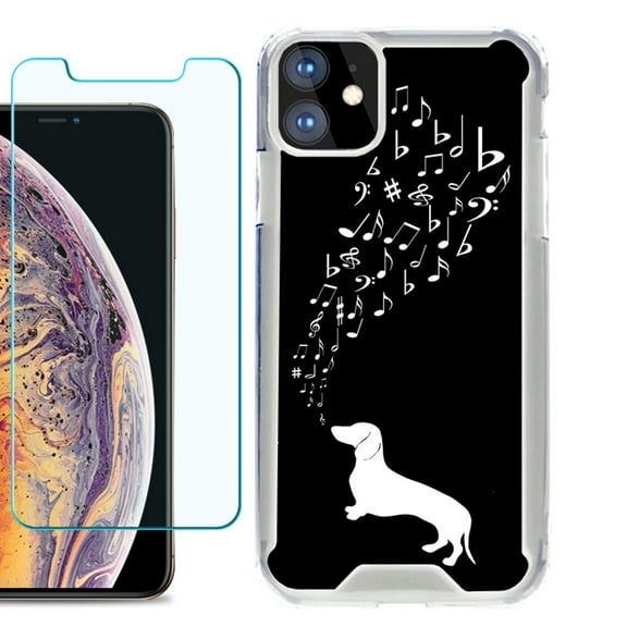 For Apple iPhone 11 Case, Hybrid Bumper Phone Case, with Tempered Glass Screen Protector, by OneToughShield ® - Dachshund/Puppy Music