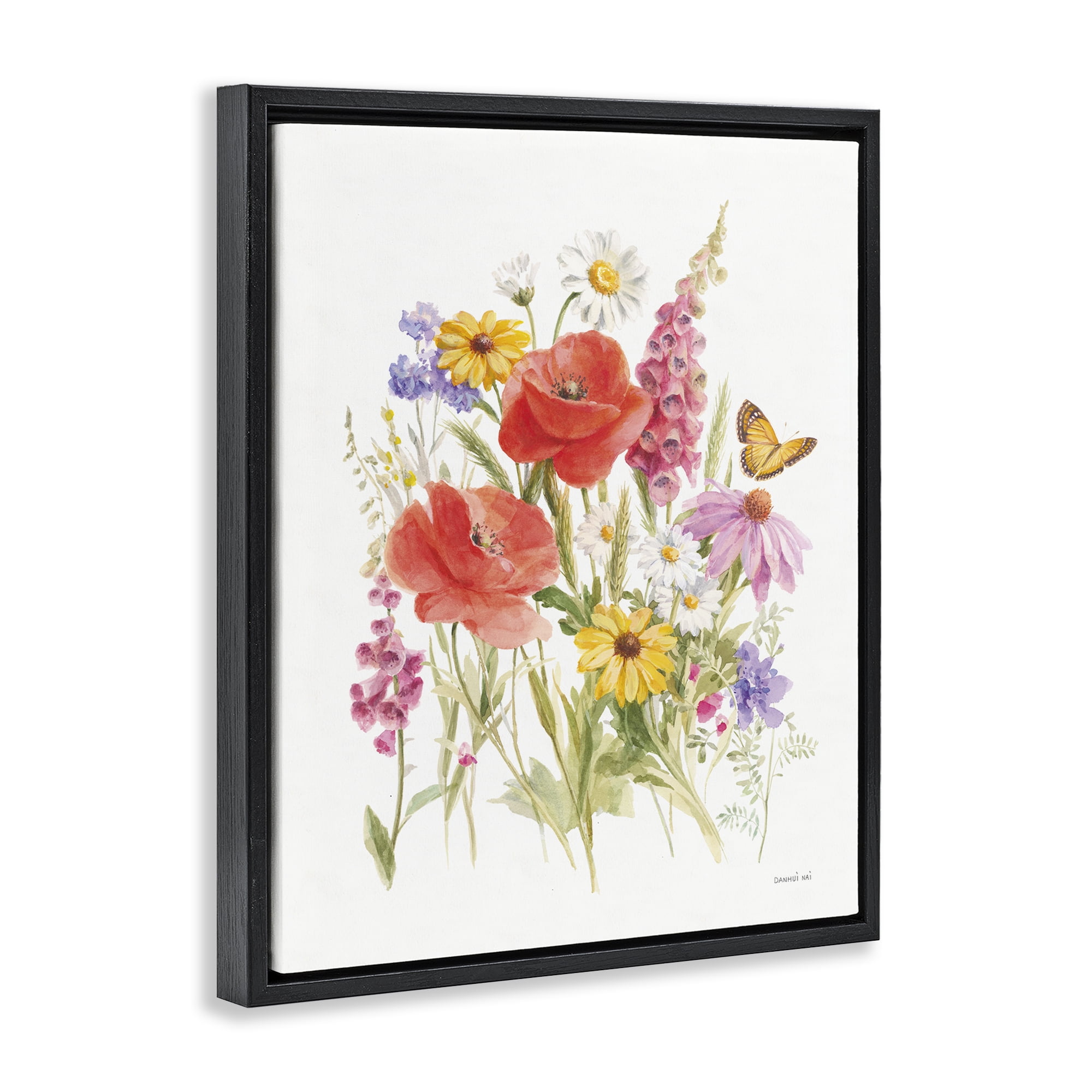 Stupell Industries Bright Flowers & Butterfly Botanical & Floral Painting Black Floater Framed Art Print Wall Art, 17 x 21