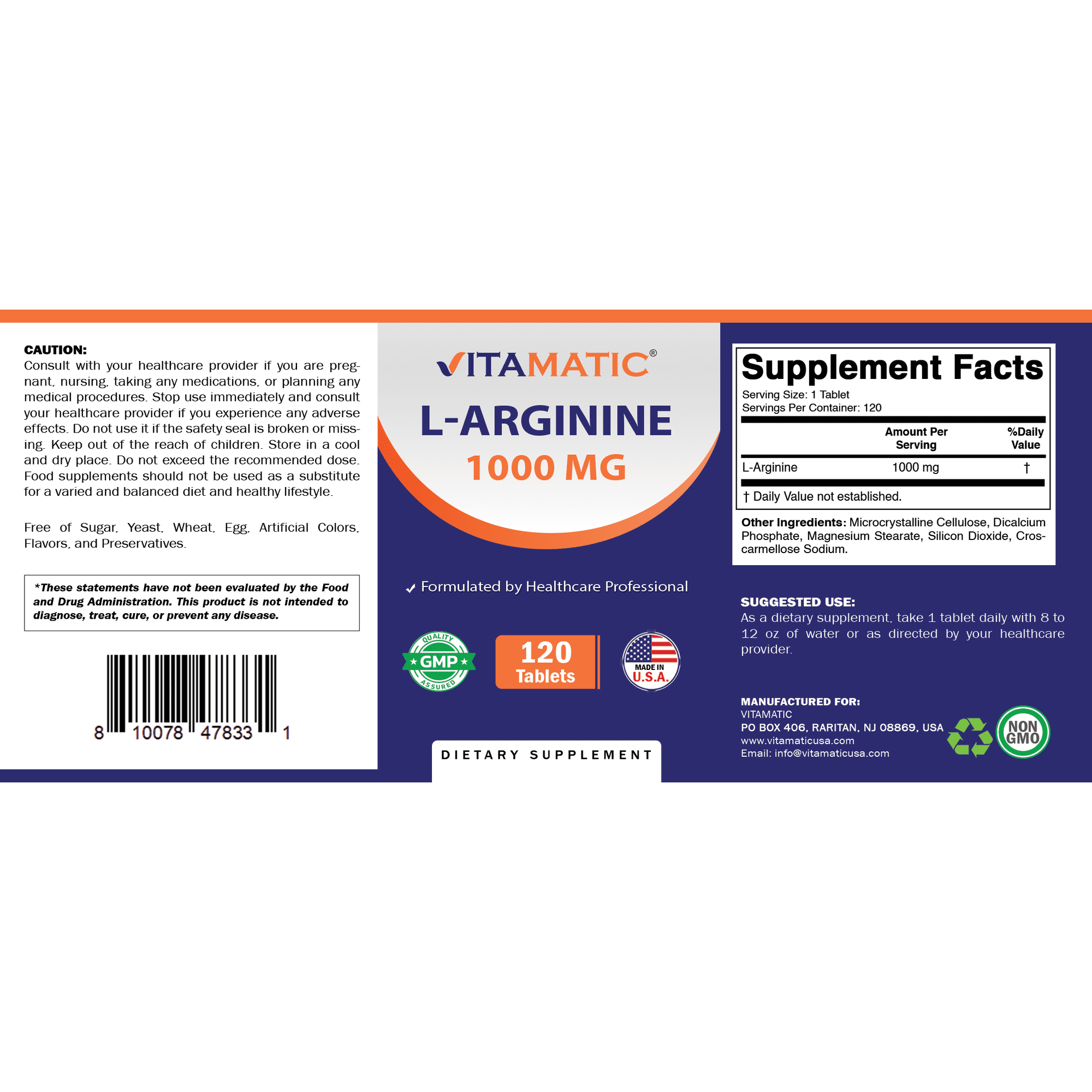 Vitamatic L-Arginine 1000 mg Tablets – 120 Count – Amino Acid Supplement – Non-GMO, Gluten Free – Supports Nitric Oxide Production – Made in USA