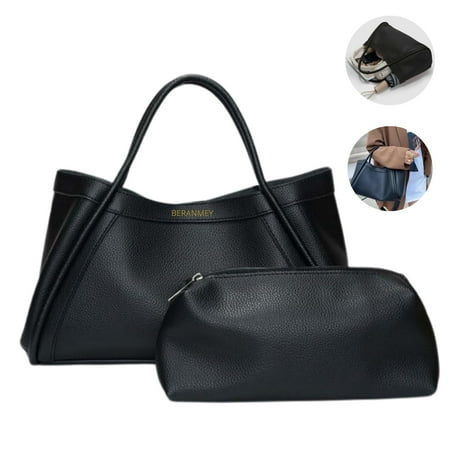BERANMEY Women's Large Vegan Leather Casual Tote Handbags, Black, 2-Piece