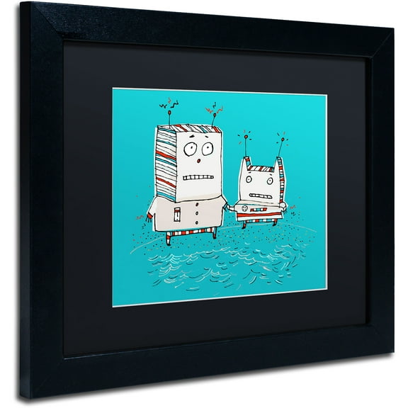 Trademark Fine Art "Robots on Beach" Canvas Art by Carla Martell, Black Matte, Black Frame