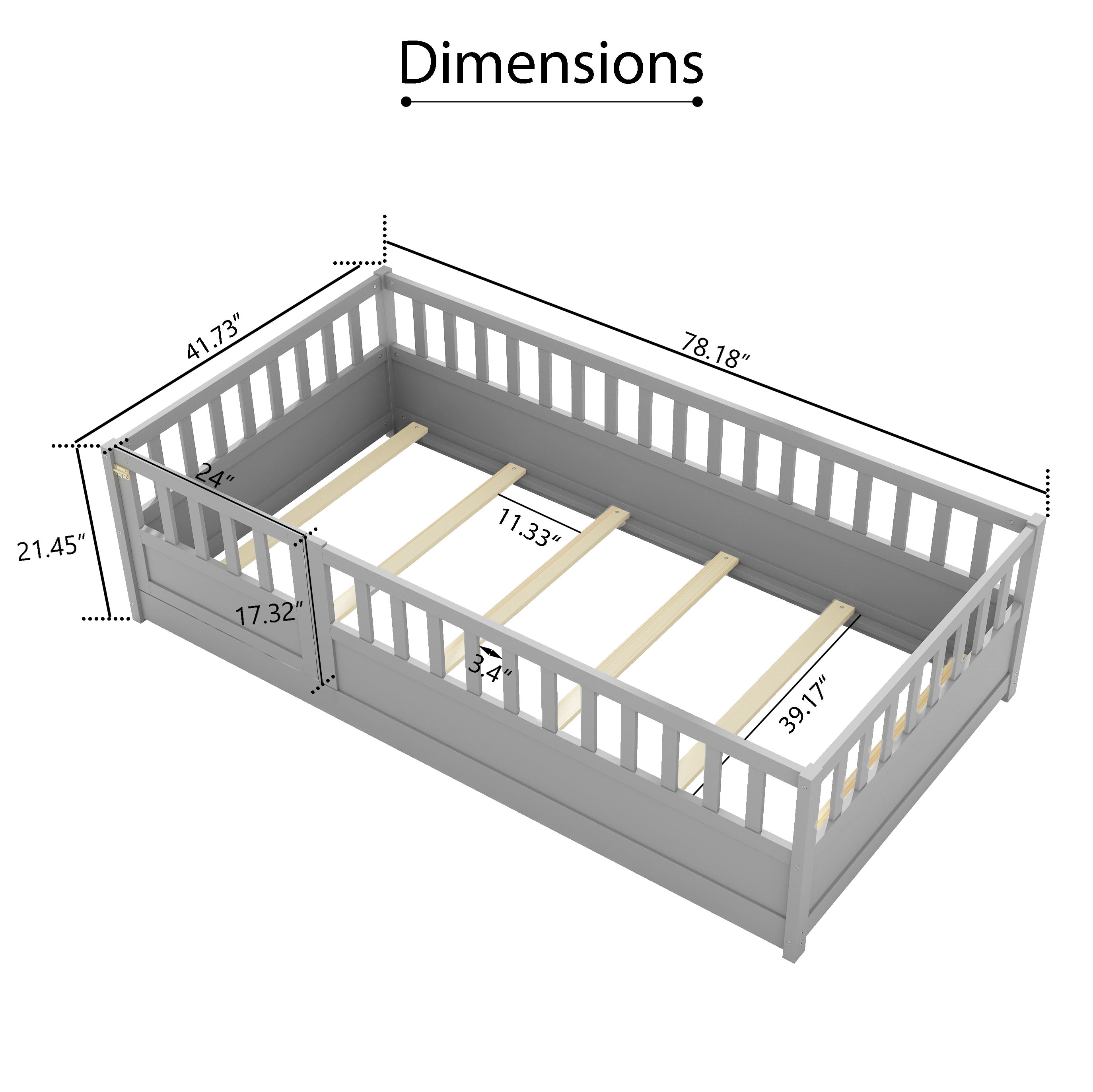 PORKISS Twin Floor Bed, Wooden Kids Bed Frame with High Rails and Slats, Low Toddler Bed with Built-in Door, No Box Spring Needed, Montessori Bed Frame for Children, Gray