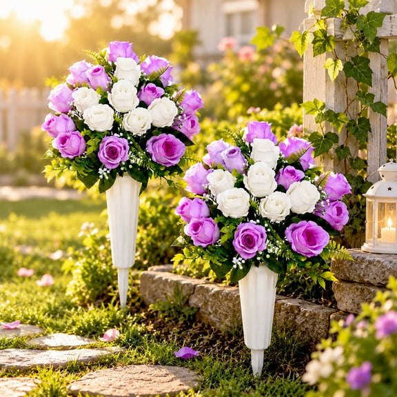 Set of 2 Artificial Cemetery Flowers with Vase, Grave Memorial Flowers, Realistic Silk Rose Bouquet for Headstone home Decoration, Cemetery Gravesite Decorations(Purple White)