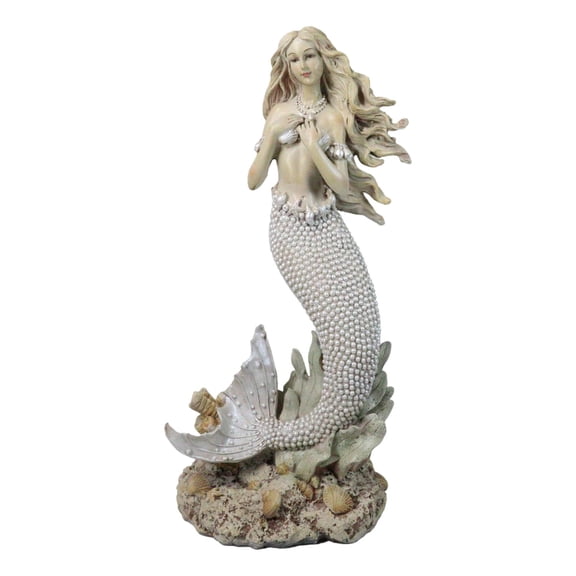 Marine Vintaged Pearly White Ariel Mermaid Sitting On Sea Rock Figurine 16" H