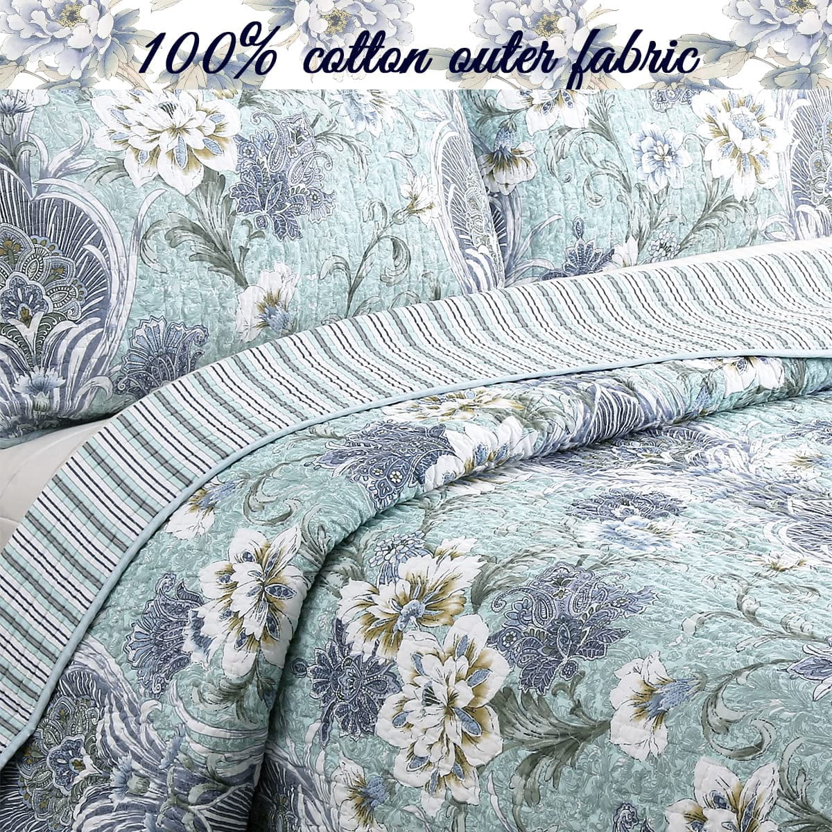 Cozy Line Jasmine Floral Porcelain Garden Vase 100% Cotton 3-Piece Reversible Quilt Set, Queen Set