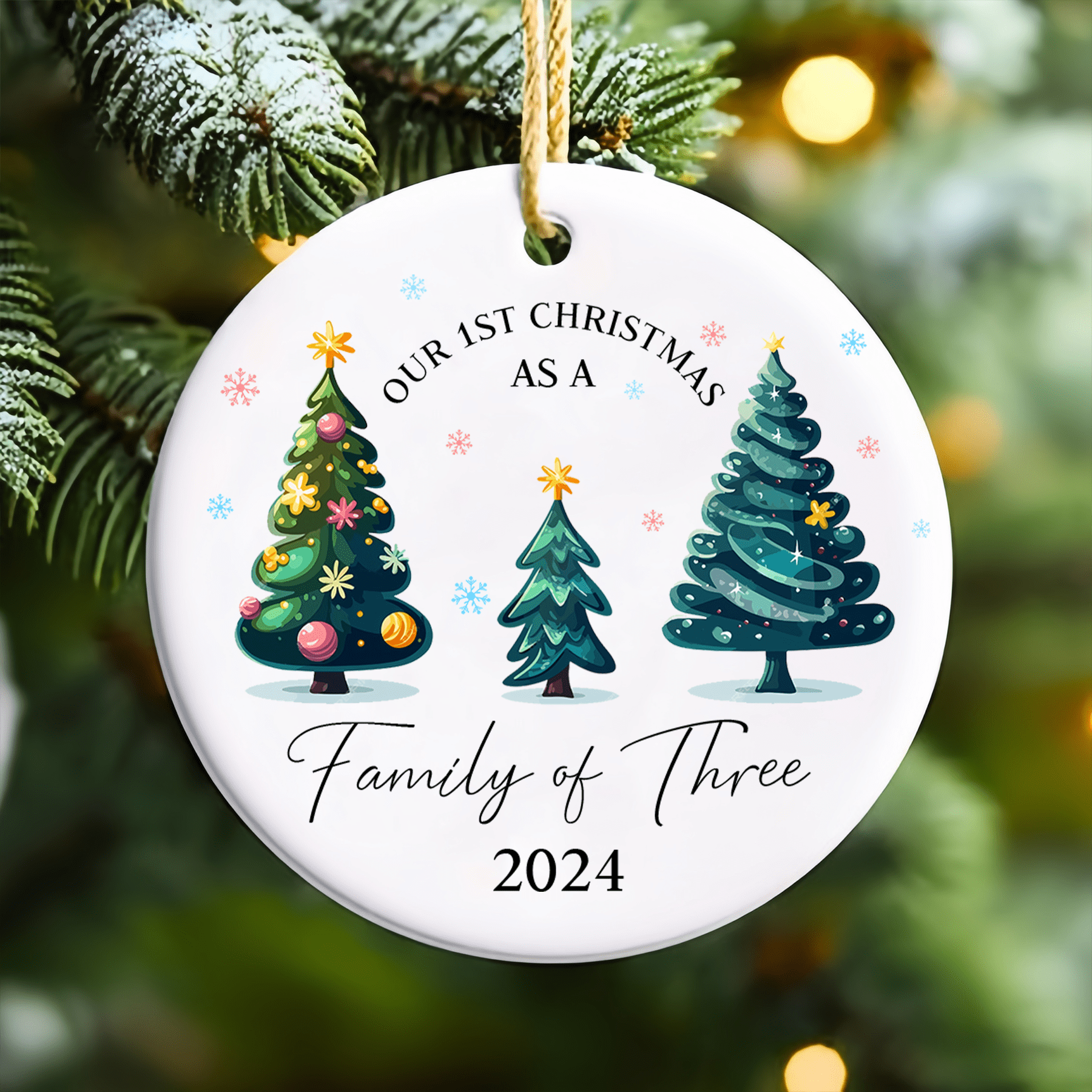 Ceramic Christmas Ornament for New Family of Three, Baby's First Christmas Keepsake, Holiday Decor, Festive Tree Hanging Decor for Baby Shower, New Year Ornament