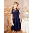 thumbnail image 4 of Oudiya Girls Contrast Mesh Short Sleeve A Line Party Dresses Navy Blue Formal Dress with Pockets for Tween 5-12Y, 4 of 7