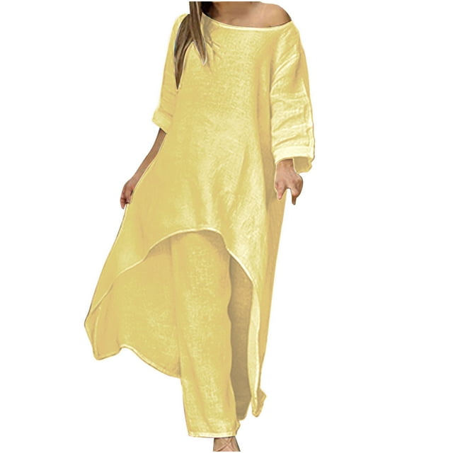 Hauts à Manches Longues pour Femmes Ensembles de Détente d'Été Amples 2 Pcs Assortis Tenues Solides Col Rond Hauts à Manches Longues et Pantalons Longs Survêtements Ensemble de Détente pour Femmes 2 Pcs