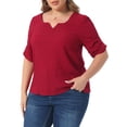thumbnail image 4 of Agnes Orinda Women's Plus Size Tops Texture Pleated Notched V Neck Ruffle Short Sleeve Summer Casual Blouses 1X Burgundy, 4 of 6