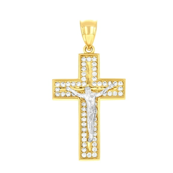 10kt Two-tone Gold Mens Cubic-Zirconia Crucifix Cross Religious Charm Pendant