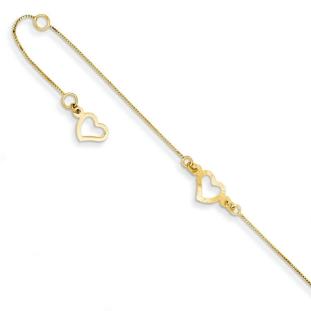14k Yellow Gold 9in Adjustable Fancy Heart Anklet w/ 1inch extender