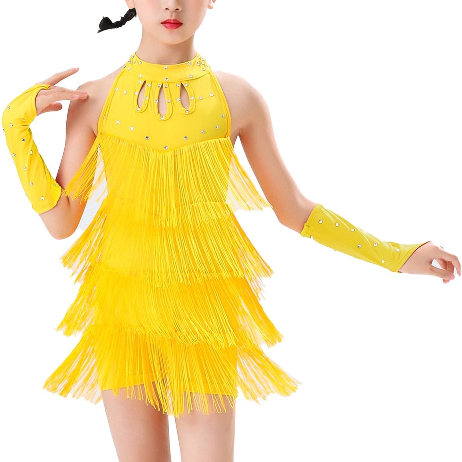 YiZYiF Robe De Patinage Artistique Sans Manches Pour Filles Avec Franges Et Gants Salsa Latine Samba Tango Valse Danse De Salon Jaune 160