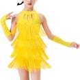 thumbnail image 3 of RUNQHUI Robe de Danse Latine à Franges pour Filles, Robe de Patinage Artistique Salsa Tango avec Gants Jaune 110, 3 of 5