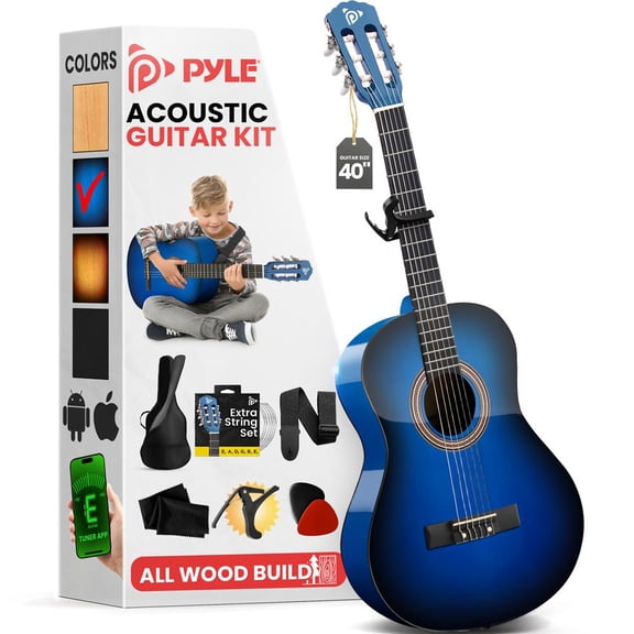 Pyle Classical Guitar Starter Kit - 39" 4/4th Size All Wood Instrument with Capo, Gig Bag, Strings, Strap, Picks (Blue Gloss)