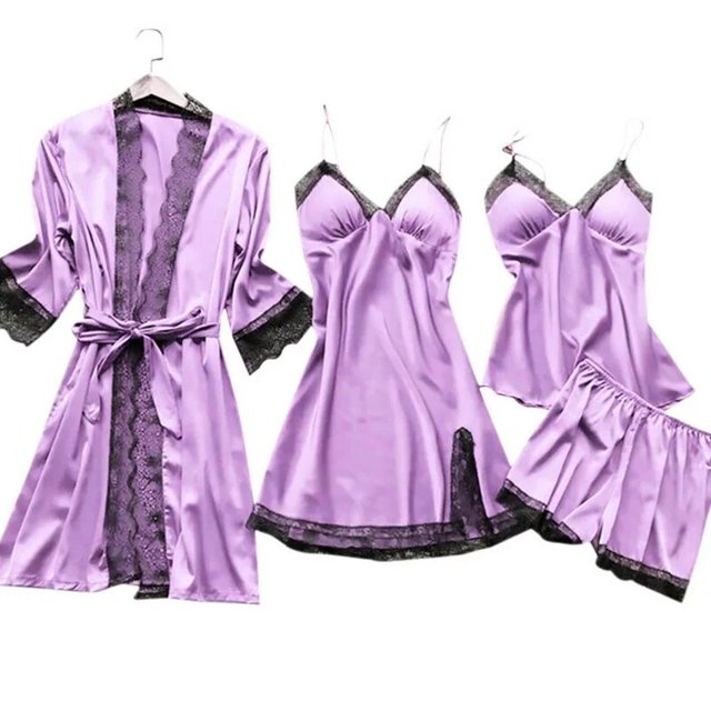 Conjunto de pijama de satén para mujer, ropa de dormir de seda con correa de encaje, con almohadillas para el pecho, regalo, 4 piezas, 2023